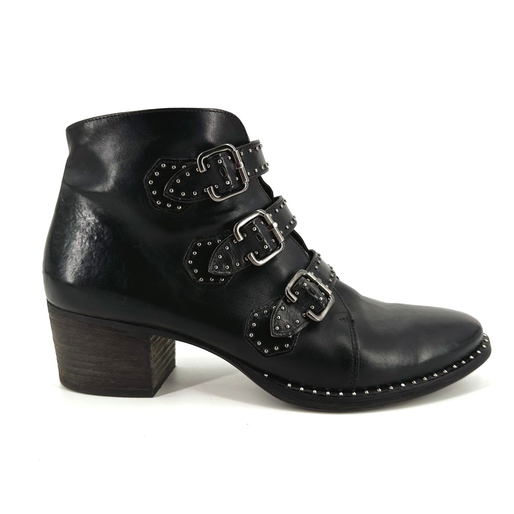 Paul Green Soho Studded Leather Boots Size 7/US 9.5 Moto Ankle Strap Biker Chic